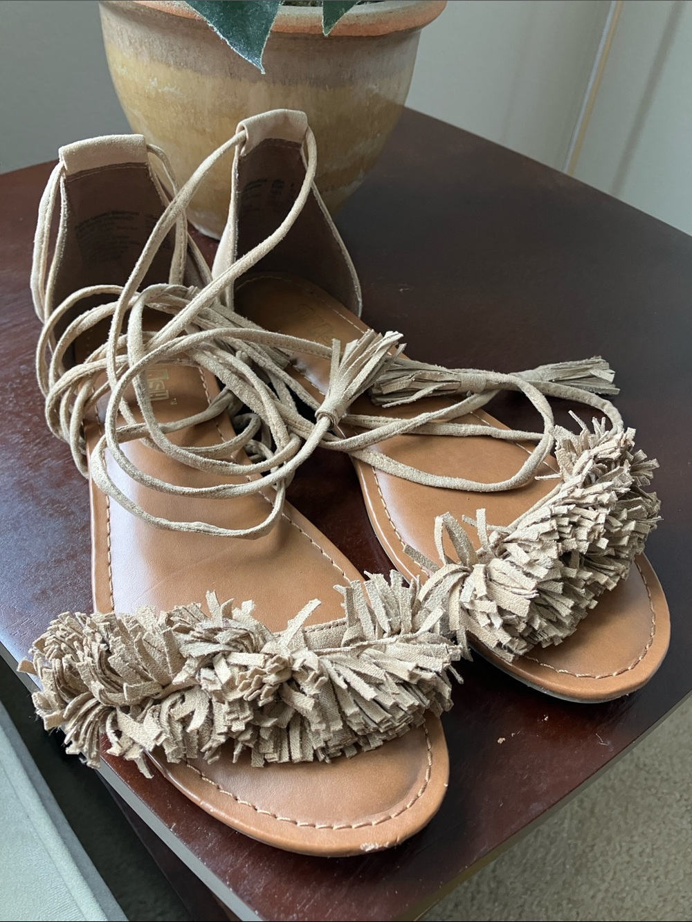 Brash Beige Fringe Lace-Up Sandals